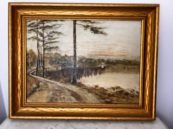 Antique Original Oil Painting Lake With Pines Landscape