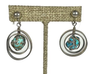 Pair Vintage Mexican Sterling Silver Turquoise Circular Screw Back Earrings