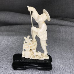 Beautiful Vintage Hand Carved Asian Bone ? Carving Of Man With Spear And Dog On Wooden Base - Very Nice