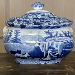 1820-1840 Staffordshire Blue Historical Ware Sugar Bowl With Lid Attributed To Adams Or Davenport