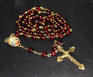 Vintage Ruby Glass Beaded Rosary Beads Necklace Crucifix