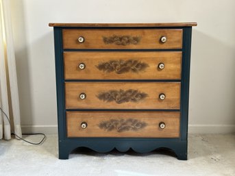 A Lovely Chest Of Drawers In Green & Natural With Gold Stenciling & American Eagle Knobs By Hitchcock