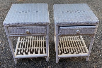 Pair Of One Drawer Wicker End Tables