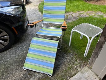 Blue Striped Lounge Chair With Cup Holders And Side Table