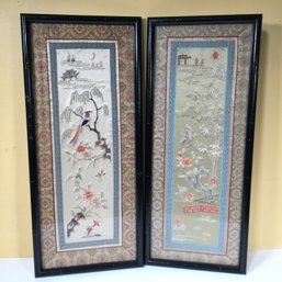 Two Beautiful Completely Hand Made Silk Art Pieces - Very Well Done - Black Faux Bamboo Frames - Very Nice !