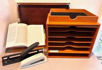 Vintage Wood Office Paper Organizer, Book Stand, 2 Wood Trays, Stapler & Hole Puncher