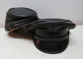 2 Vintage Mens Black Leather Caps Hats Military Police