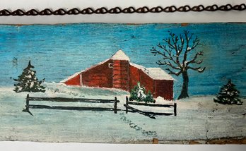 Vintage Rustic Folk Art Country Winter Scene Painted On Wood - Church Farm Barn House Buildings Trees - 34.5 L