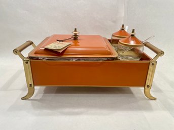 Mid Century Guild Orange Enameled Chafing Dish With Fire King Glass Insert & Condiment Jars