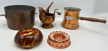 Vintage Copper Pots & Pans & Tortoiseshell Bowl (5 Pieces)