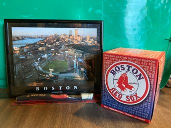 Boston Red Sox Tissues (unused), Toothbrush And Aerial Photo Of Fenway Park