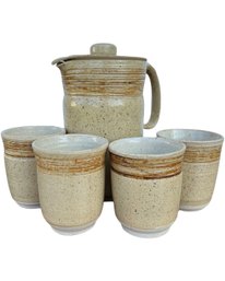 Lot Of Four Handmade Stoneware Cups With Matching Pitcher