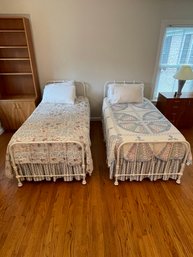 Pair Of 2 Vintage White Iron Twin Beds With Mattresses And Linens