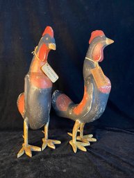 2 Piece Handcrafted Large Rustic Rooster Sculptures