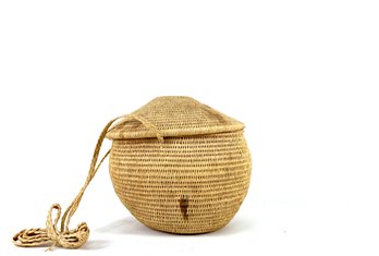 American Native Indian Geometric Shaped Lidded Basket With Braided Strap