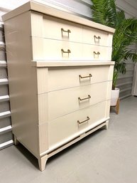 Vintage Mid Century Paint Decorated 5 Drawer Highboy Chest W/ Brass Hardware