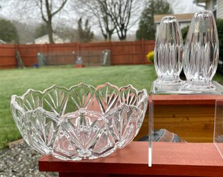 Mikasa 'Roxborough' Crystal Serving Bowl & 'Park Lane' 4' Salt & Pepper Shakers- Beautiful With No Issues!!