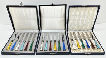 3 Sets Of 6 Vintage Raadvad Sterling Silver & Enameled Knives Marked 925 S In Original Boxes, Denmark