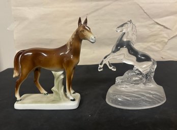 Porcelain Stoneware Horse Made In Germany & Lead Crystal Rearing Horse Figurine Frosted Base Art Glass. LP/D2