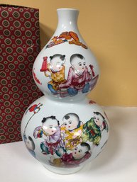 Adorable Tall Chinese / Asian Gourd Vase - Unmarked - With Images Of Children - In Original Silk Covered Box