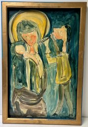Vintage Mid Century Abstract Painting - Mother Baby Oil On Board  - Musician - Possibly Madonna Child 18 X 27