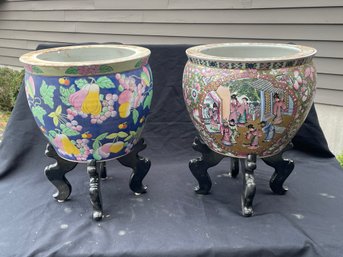 TWO LARGE CHINESE THEMED JARDINIERES W/ STANDS