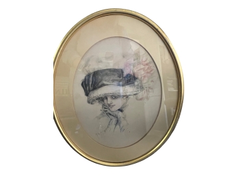 Victorian Woman's Portrait Sketch With Oval Frame