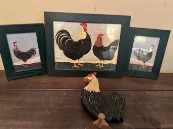 3 Warren Kimble Rooster Prints And One Rooster Wall Hanging With Peg
