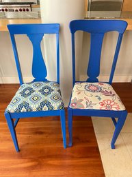 Two Fun Blue Side Chairs 18x17x38 Wood Vintage Chairs Painted Reupholstered