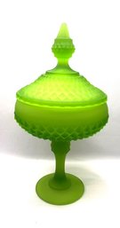 Incredible Vintage Avocado Satin Diamond Point Pedestal Candy Dish W/ Lid