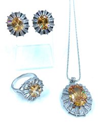 Incredible 18KT White Gold Plated Jewelry Suite W/ Faceted Apricot Stone