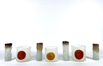 Mexican Hand Blown Sangarita & Tequila Sip And Shot Glasses Amber Medallion Rosettes - 4 Bubble Glass Cordials