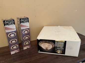 Hampton Bay Flushmount Antique Brass Finish Ceiling Light  & 2 Boxes Under Cabinet 3 Light Kit