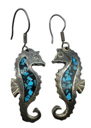 Vintage Mexican Sterling Silver Chunky Seahorse Dangle Earrings With Turquoise Mosaic Inlay