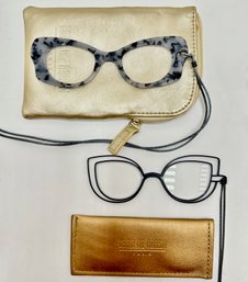 2 Pairs Caroline Abram Reading Glasses On Chains With Leather Pouches, Paris