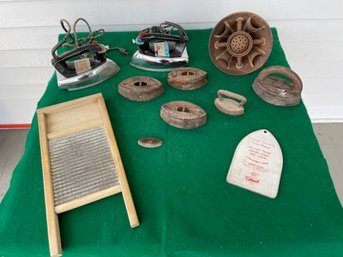 Lot Of Antique Sad Irons And Washboard