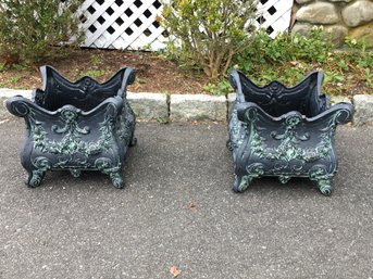 Fantastic Pair Of Vintage Cast Metal Garden Urns - Beautiful Verdigris Finish - Very Unusual Style - Nice Pair