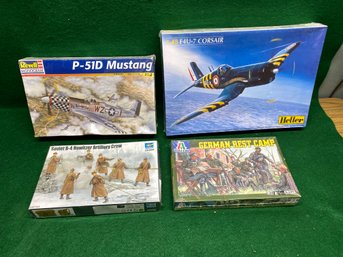 4 WWII Military Model Kits. Airplanes, German Rest Camp, Soviet Howitzer Crew. Factory Sealed. New Old Stock.