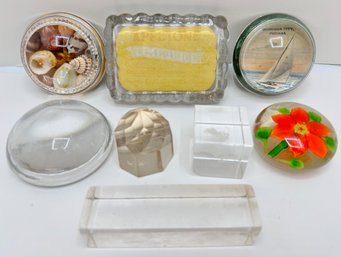 8 Vintage Glass Paperweights: Appetone Lime Juice Ad, Shells, Flowers & More