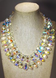 Superb 1950s Aurora Borealis Double Strand Necklace Having Pear Shaped Beads