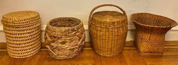 4 Large Hand Woven Baskets, 2 With Lids