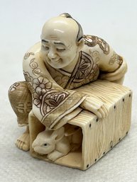 SUPERB Antique Japanese NETSUKE Of Man With Rabbit- Amazing Detail- Artist Signed- Best We Have Offered