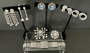 Vtg Rhinestone Lot : 2 Brooches/pins, 2 Bracelets,  3 Pairs Clip Earrings No Missing Stones