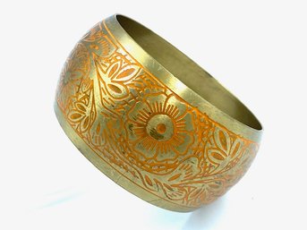 Vintage Brass Bangle Bracelet W/ Etched Floral Design