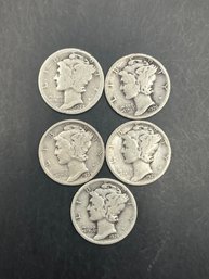 5 Mercury Dimes 1926, 1927, 1928, 1928-S, 1929