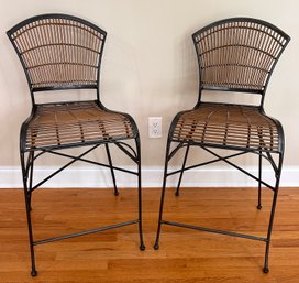 Pair Of Wrought Iron And Faux Bamboo Counter Height Stools