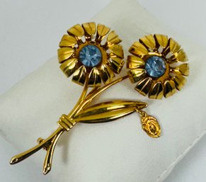 VINTAGE GOLD TONE BLUE RHINESTONE FLOWER BROOCH