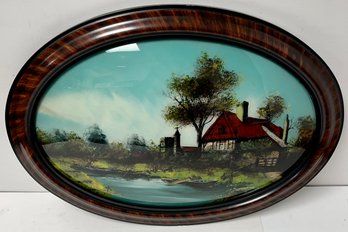 Antique Victorian Reverse Painting Homestead Cottage By River - Oval Frame Convex Glass - 17 X 23
