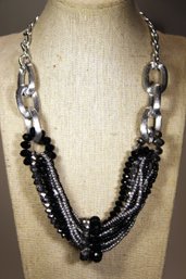 Contemporary Silver Tone Chain Necklace Having Black And Silver Crystal Beads