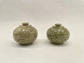 Pair Of Petite Carved Jade Round Lidded Jars